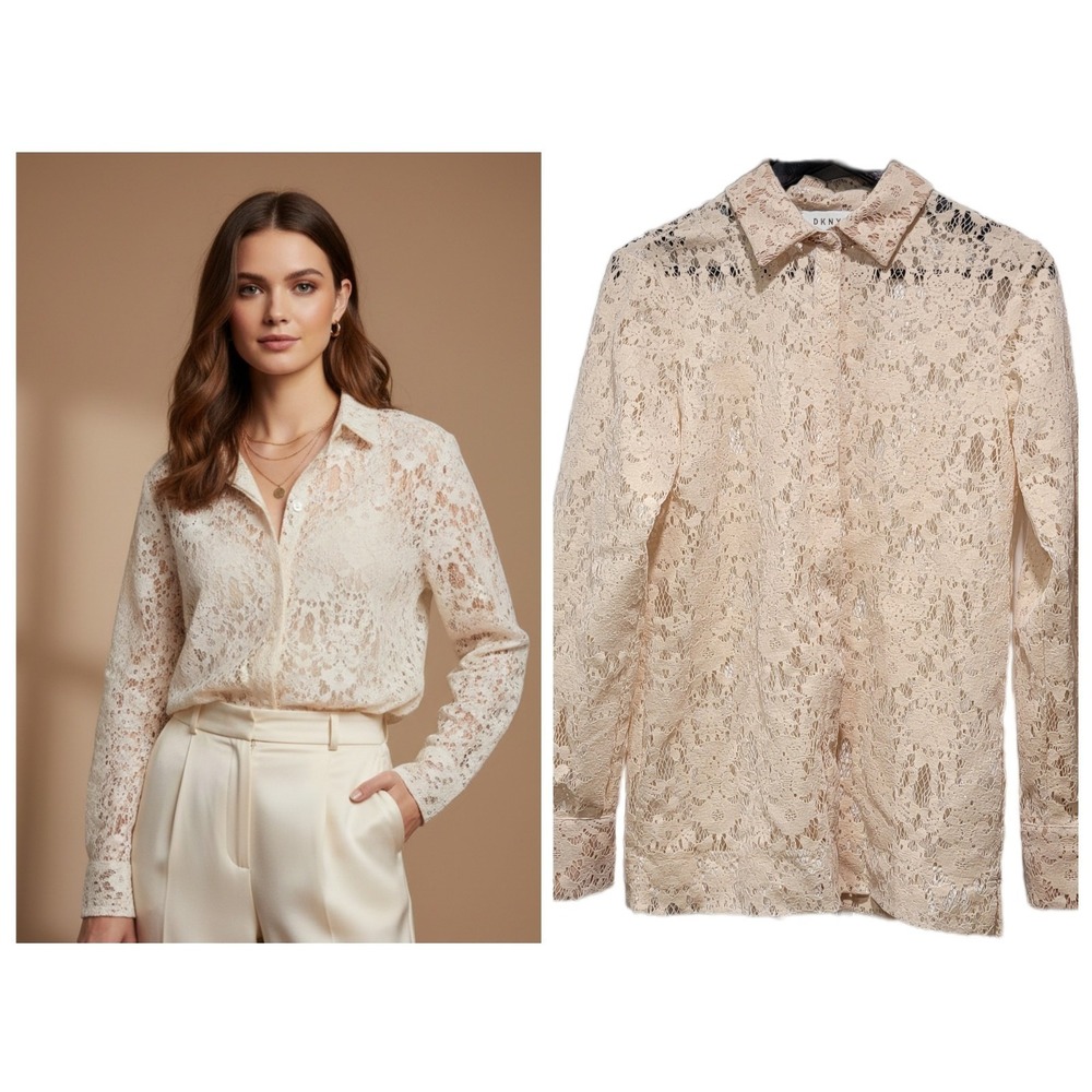 DKNY LACE VELVET LONG SLEEVE Button Up Shirt Top Sz Small Old Money Quiet Luxury